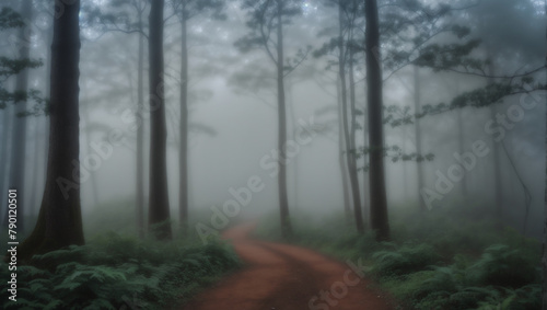 A path through a foggy forest with tall trees 