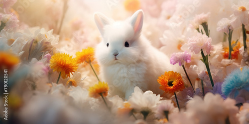 AI generated illustrations of little rabbits in the flower sea
