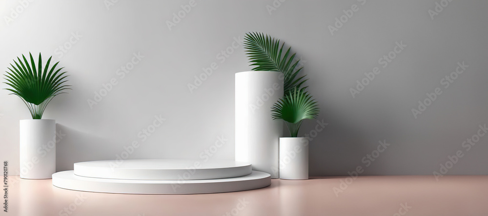 Minimal abstract cosmetic background for product presentation. Cosmetic bottle podium and green palm leaf on grey color background. 3d render illustration.ai generated Minimal abstract cosmetic background for product presentation. Cosmetic bottle podium and green palm leaf on grey color background. 3d render illustration.ai generated