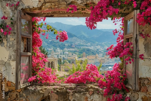 A weathered window frame adorned with blooming flowers  framing a picturesque view of the ancient city beyond.