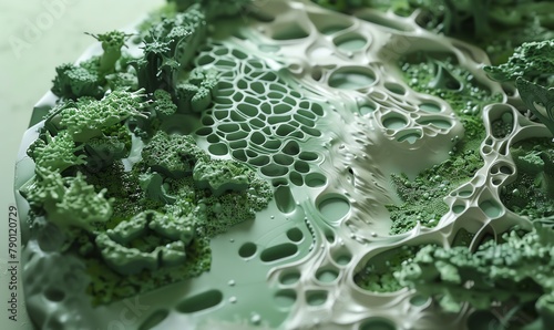 Craft a clay sculpture depicting an aerial perspective of a lush forest where biodegradable technology is seamlessly incorporated Highlight the harmony between nature and innovative eco-solutions, ens photo