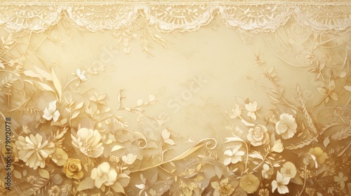 Delicate lace details and floral motifs set against a vintage backdrop