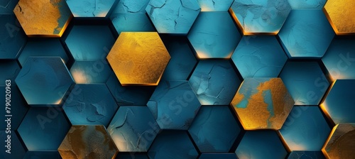 Abstract background with turquoise and gold hexagons. Abstract wallpaper pattern texture backdrop design.