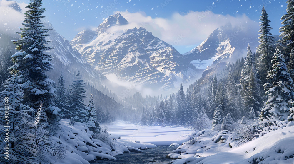 A serene alpine valley blanketed in fresh snow framed by towering evergreen trees and rugged mountain peaks isolated on a transparent background
