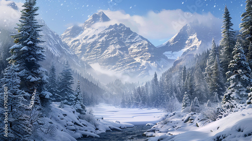 A serene alpine valley blanketed in fresh snow framed by towering evergreen trees and rugged mountain peaks isolated on a transparent background