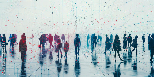 Silhouettes of people walking about, overlayed with a digital technology communication diagram, representing working in a global network partnership, banner style image.