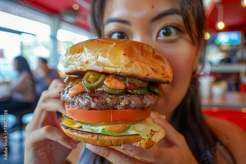 woman with supersize hamburger photo