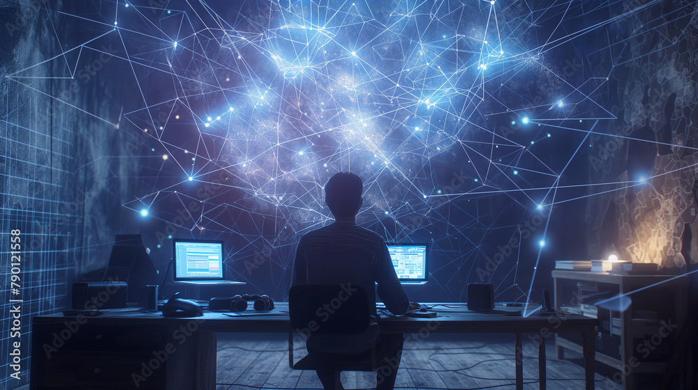 Shadows dance around the man's figure as he works, surrounded by the intricate, ever-changing holographic blockchain network that hovers like a digital halo above his desk. Shadows dance around the man's figure as he works, surrounded by the intricate, ever-changing holographic blockchain network that hovers like a digital halo above his desk.