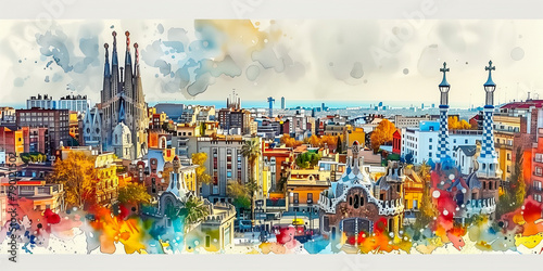 Watercolor of the Barcelona skyline photo
