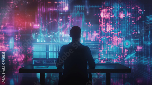The man's reflection is faintly visible on the screen, amidst a backdrop of cascading holographic blockchain diagrams that seem to float weightlessly above his workspace.