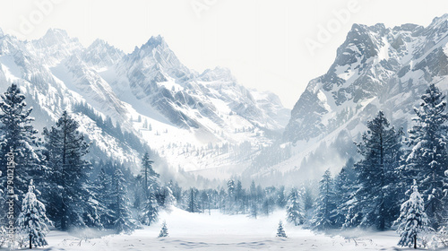 A serene alpine valley blanketed in fresh snow framed by towering evergreen trees and rugged mountain peaks isolated on a transparent background