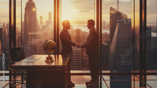 Two businessmen, standing beside a large window overlooking a bustling city, clasping hands over a polished oak desk adorned with a brass lamp and a globe, sealing a prosperous dea