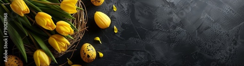 Yellow tulips and Easter eggs in a basket on a black background, top view, easter concept banner with copy space area for text, top view. #790121968
