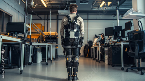 The engineer designs and prototypes next-generation robotic exoskeletons, combining biomechanics and advanced materials in a sophisticated engineering lab.