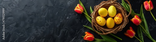 Yellow tulips and Easter eggs in a basket on a black background, top view, easter concept banner with copy space area for text, top view. #790121999