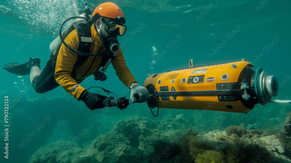 The engineer conducts field trials of an autonomous underwater vehicle (AUV), deploying advanced sensors and navigation algorithms in marine environments. - obrazy, fototapety, plakaty 