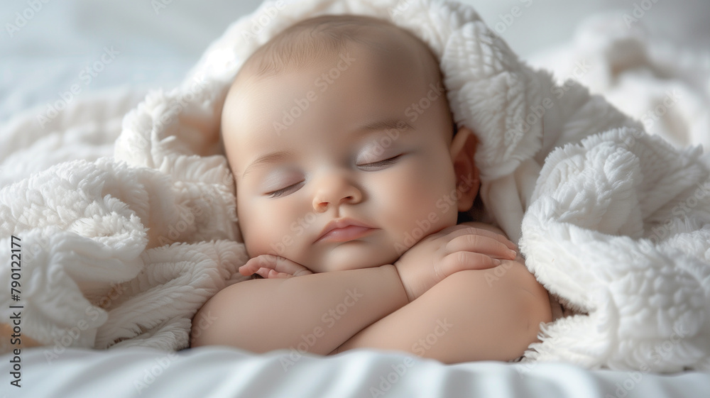 Closeup portrait of cute newborn baby swaddled in a white blanket. Age 1 week Closeup portrait of cute newborn baby swaddled in a white blanket. Age 1 week