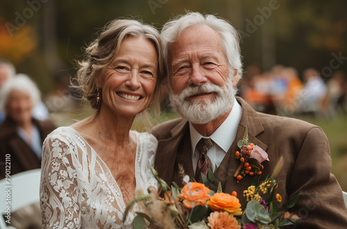 happy elderly couple in wedding dresses celebrating 50th wedding anniversary photo