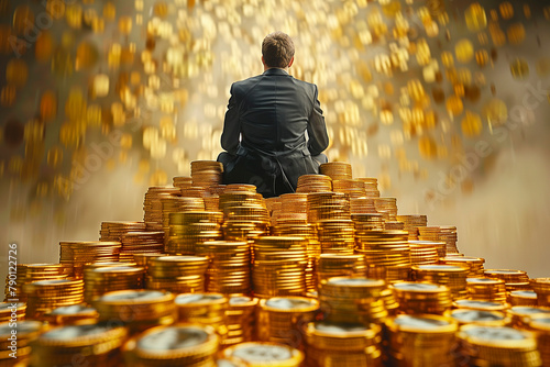 Businessman sitting on vast wealth, Business concept