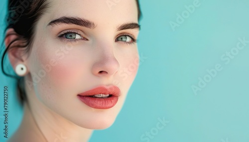 Vibrant Woman with Coral Lipstick and a Turquoise Background