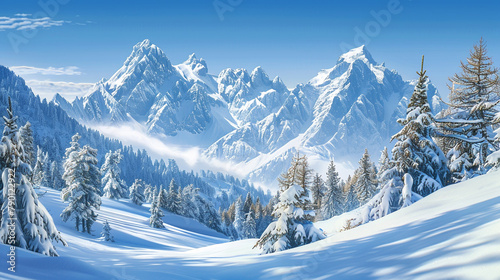 A serene winter mountain scene with snow-covered peaks rising above a tranquil alpine valley dotted with pine trees and surrounded by a clear blue sky isolated on a transparent background © SAJAWAL JUTT