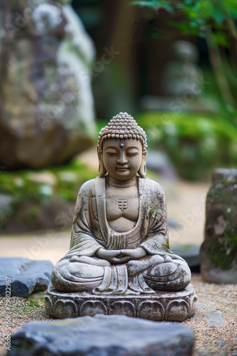A statue of the Buddha in a Zen garden. 