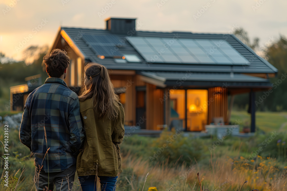 Obraz premium young couple standing and looking at a modern house with solar panels on the roof.