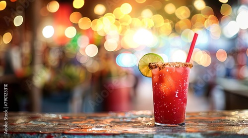 Refreshing michelada cocktail on a rustic bar counter with bokeh lights