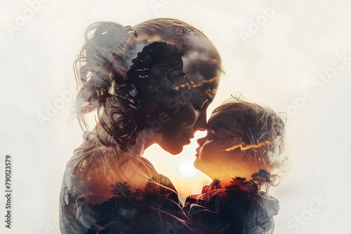 Stunning double exposure poster featuring a loving mother and child, symbolizing the bond and tenderness of motherhood