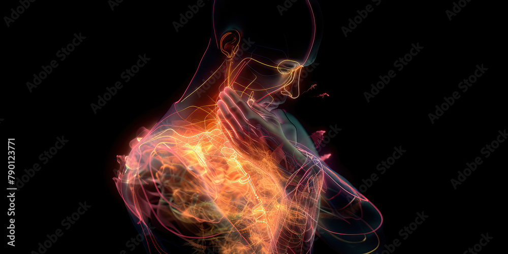 Pneumonia Plight: The Chest Pain and Persistent Cough - Visualize a person holding their chest, with pain lines indicating chest pain, and cough lines showing a persistent cough