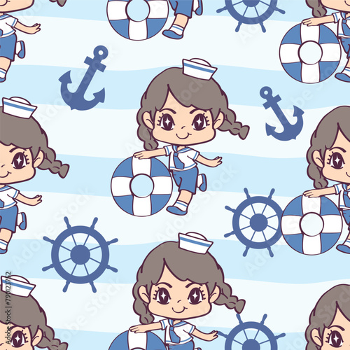 Seamless pattern of Cute girl wearing sailor outfit, lifebuoy, anchor and boat steering wheel. Pattern for fabric and wrapping paper, Pattern for design wallpaper and fashion prints.