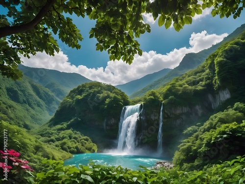 Panoramic beautiful deep forest waterfall in the mountains  