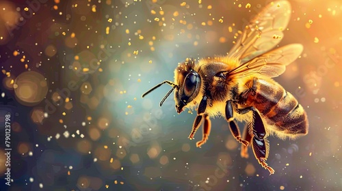 Majestic honeybee in flight with shimmering bokeh background photo