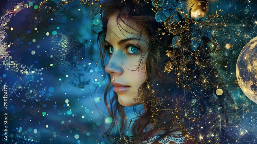 Enchanting young woman amid mystical cosmic elements Enchanting young woman amid mystical cosmic elements