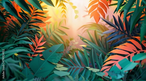 Tropical jungle foliage with warm sunlight filtering through