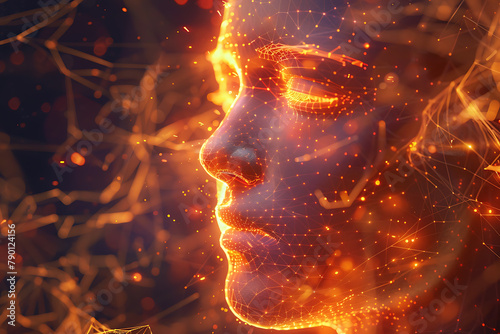 Glowing translucent wireframe visualization of a human face, perfect for futuristic and digital art projects