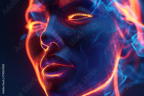 Glowing translucent wireframe visualization of a human face, perfect for futuristic and digital art projects