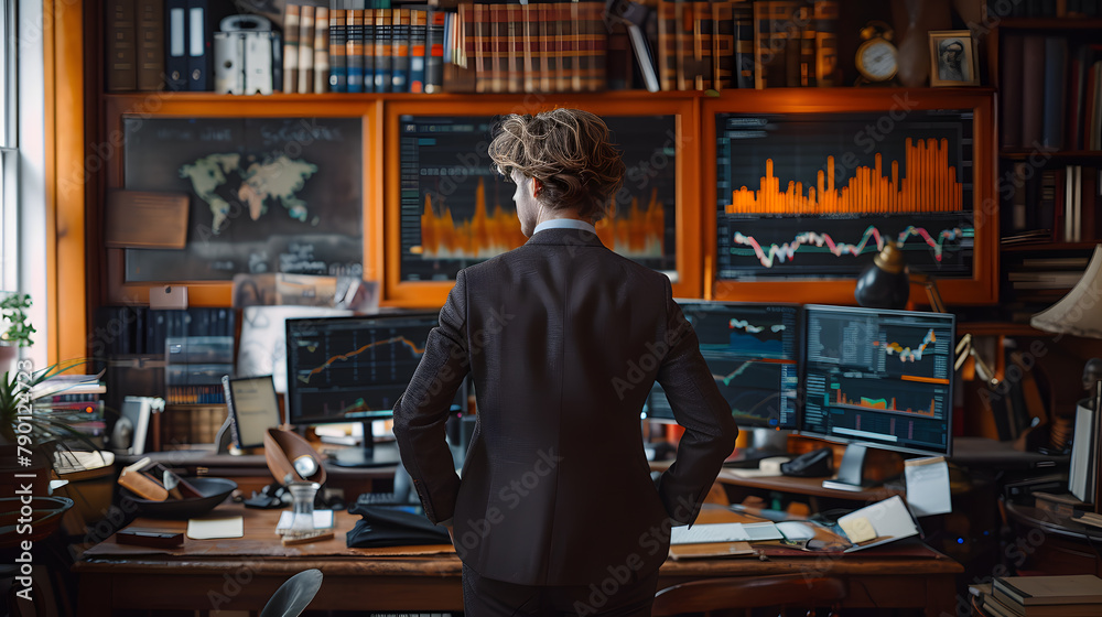 Dynamic and detailed photo of financial expert examining stock market trends and indicators, Array of financial charts and data on computer screens