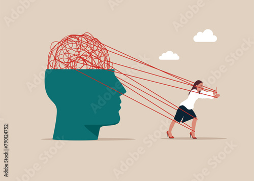 Woman to run away trying with full effort chaos messy line from head. Psychology support. Flat vector illustration.