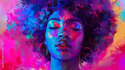 Vibrant abstract portrait of a young dark-skinned woman in neon colors