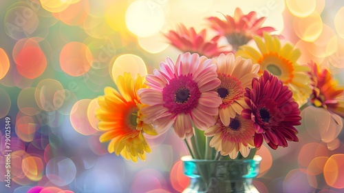 Vibrant gerbera daisies in glass vase with colorful bokeh background