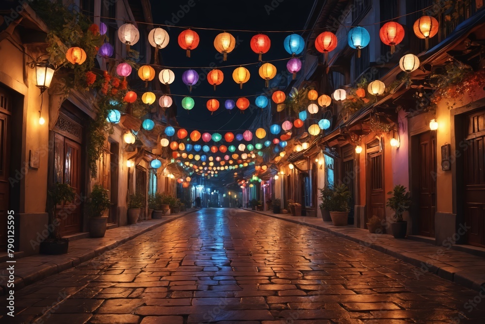 Illuminated Bliss: Colorful Paper Lanterns Adorning the Night Street