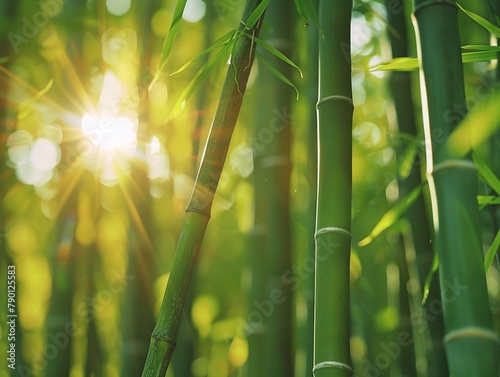 Peaceful scene of bamboo forest with sunlight filtering through the tall, green stalks, creating a natural, calming atmosphere photo