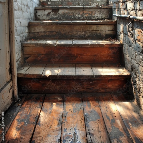 Wooden stairs and floor with sunlight shining through a window © Lucky_jl