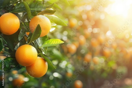 Fresh ripe oranges hanging on trees in orange garden