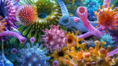 Surreal depiction of microscopic life, vibrant and detailed