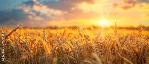 A field of golden wheat swaying in the wind under a sunset sky  capturing the essence of summers end and the cycle of agriculture