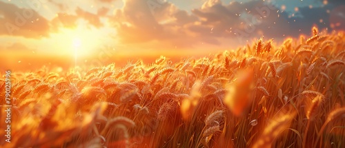 A field of golden wheat swaying in the wind under a sunset sky, capturing the essence of summers end and the cycle of agriculture photo