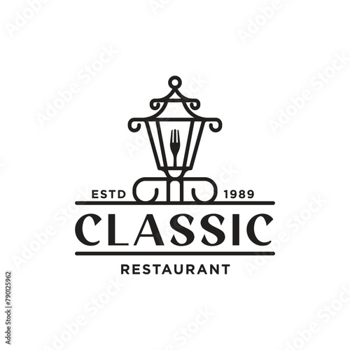 Classic Street Lamp Lantern With Fork for Food Bar Restaurant Logo Design