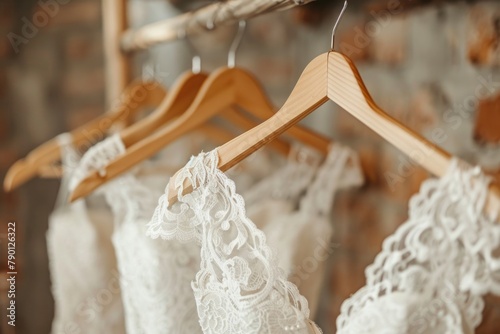 Elegant wedding dresses hanging on hangers in shop.